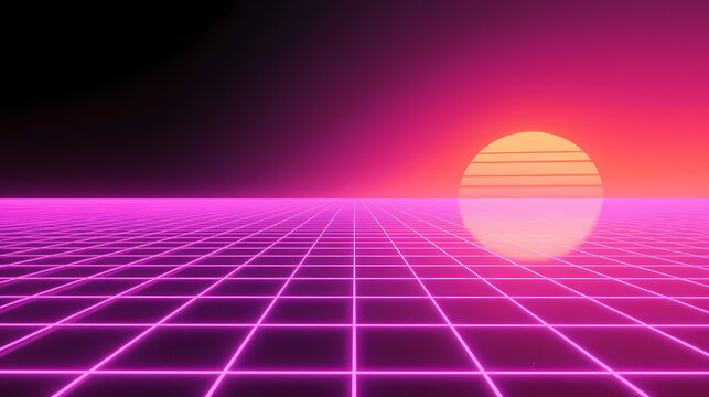 Glowing orange planet in retro sci-fi sky