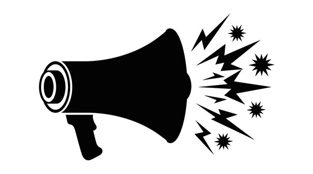 A loud megaphone illustration emits sound waves and shockwaves in a dynamic scene.