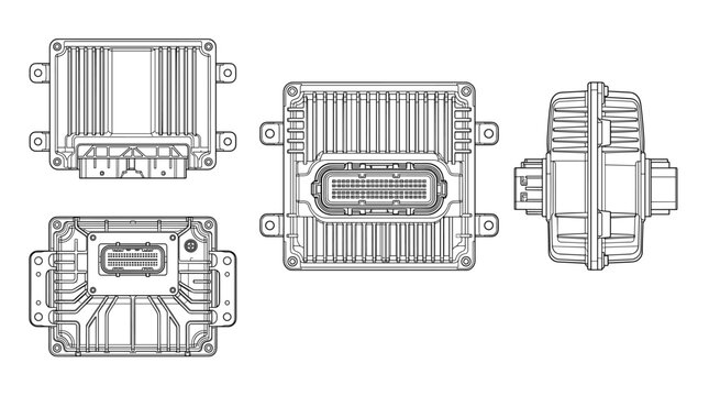TCU module automotive electronic component technical drawing blueprint with front side back and top views CAD line art vector illustration