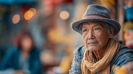 Obraz premium Portrait of a senior Asian man deep in thought with a blurred city background, capturing wisdom, reflection, urban lifestyle, aging, and authentic human emotion.