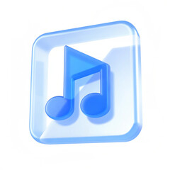 A 3d blue music note icon on a square glass button isolated on white background