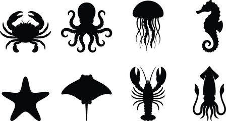 Sea life silhouettes collection featuring vector icons of crab octopus jellyfish seahorse starfish stingray lobster and squid marine creatures © Shariful