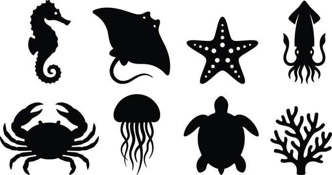 Sea life silhouette icons collection featuring seahorse stingray starfish squid crab jellyfish sea turtle and coral vector illustrations
