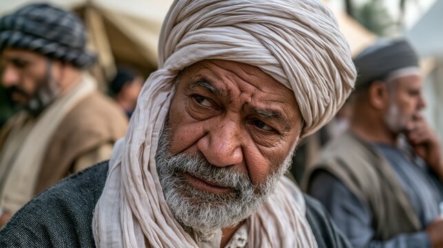 Portrait of an ancient Mesopotamian man wearing a traditional head wrap, inspired by early civilization, showcasing historical culture, heritage, and life in the ancient Near East.