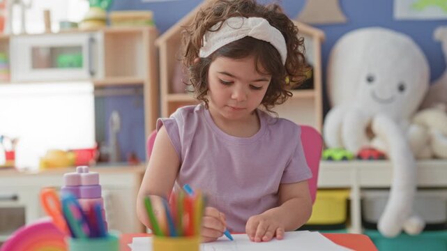 Girl drawing on paper with colored pencils, hand reaching for a crayon on the table in a studio; quiet concentration.