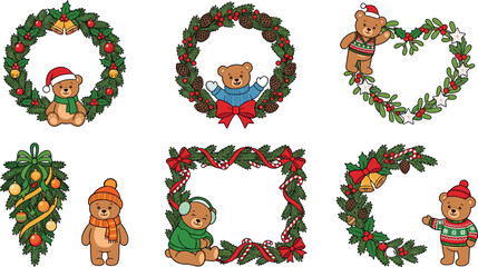 Naklejka premium Cute Christmas wreath and pine border vector set featuring teddy bear characters wearing santa hats winter sweaters cozy scarves and festive holiday ornaments (23 words)