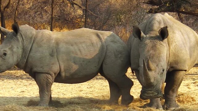 Herd of white rhinoceros grazing under trees near Omaruru, Namibia, Africa.