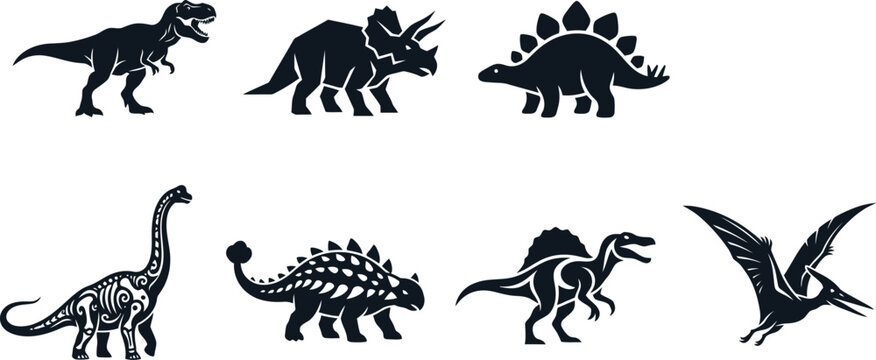 Black silhouette dinosaur vector icon set featuring t-rex triceratops stegosaurus and pterodactyl for prehistoric design