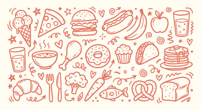 Set of hand drawn food and dining doodles with decorative design elements for restaurant menu and culinary blog illustration