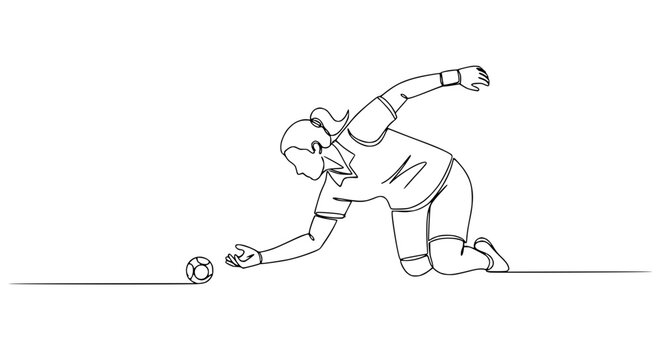 Woman playing bocce ball, kneeling down to throw, single line art, minimalist sport illustration