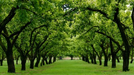 Obraz premium An ic wide shot capturing an elegant fruit tree orchard with delicate accents and beautiful contours inviting explo n of nature s beauty