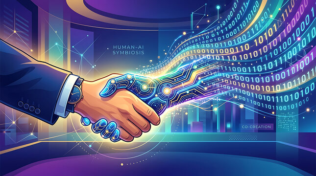 Business partnership handshake with futuristic technology background