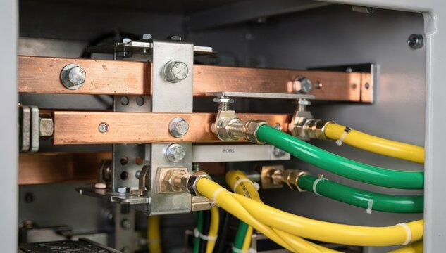 Telecom power cabinet upgrade showing closeup of DC busbars and secure grounding with foreground elements sharply defined and background diffused.