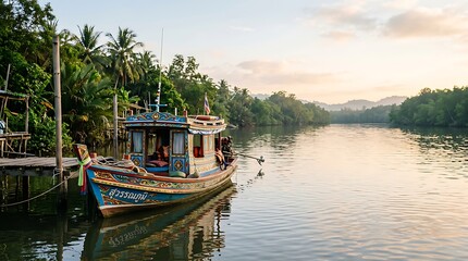 Fototapeta premium Traditional thai long tail boat moored on a tropical river at sunrise