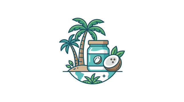 A stylized illustration of a coconut oil jar surrounded by palm trees and tropical elements.
