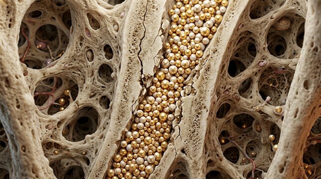 Close-up of human bone tissue, showing porous trabecular structure and blood vessels with red and gold cells