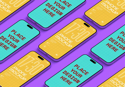 Set Of Diagonal Phone Mockups On Changeable Color Background