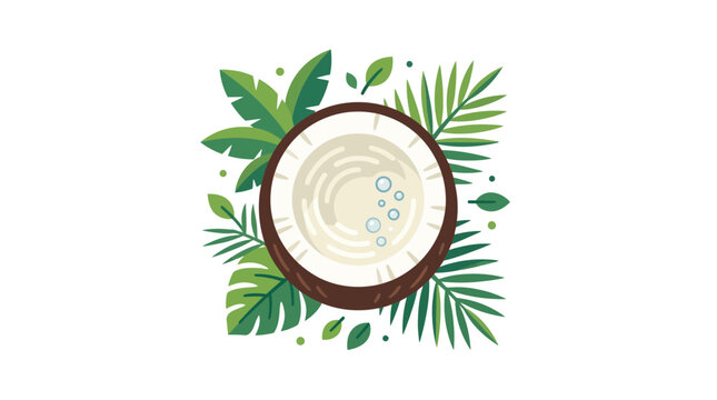 A halved coconut surrounded by lush tropical palm leaves and foliage.