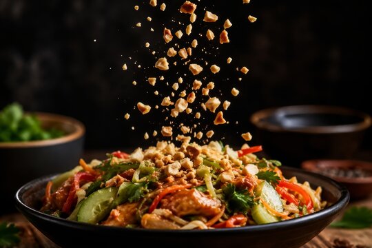 Vietnamese salad with falling crushed peanut topping. Fresh vegetable mix in bowl. Traditional spicy asian cuisine appetizer. Culinary action shot of healthy food preparation on dark table.