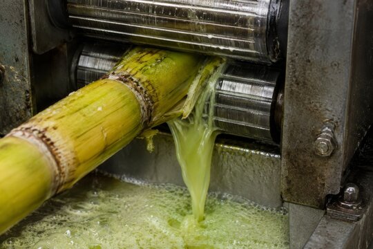 Sugarcane stalk being crushed by metal machine to extract fresh juice. Industrial processing of natural sweetener in Vietnam. Traditional street food production technique for refreshment.