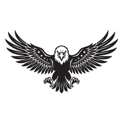 Fototapeta premium Black and white eagle bird flying with open wings and stars on feathers vector design.