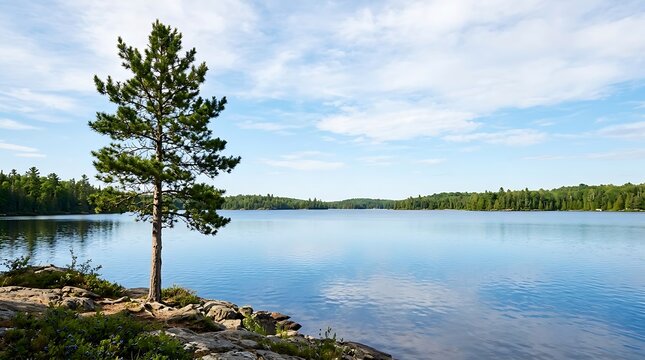 Lone pine tree on rocky shoreline by a calm blue lake under clear sky