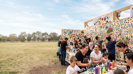 Fototapeta premium People painting together at an outdoor community art festival