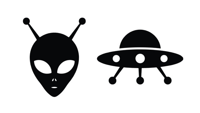 Alien head and UFO spaceship icons in black silhouette on white background