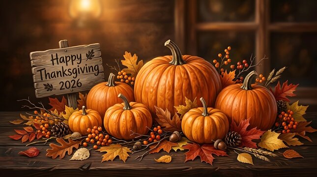 Festive thanksgiving still life with pumpkins autumn leaves and a wooden sign for 2026 celebrations