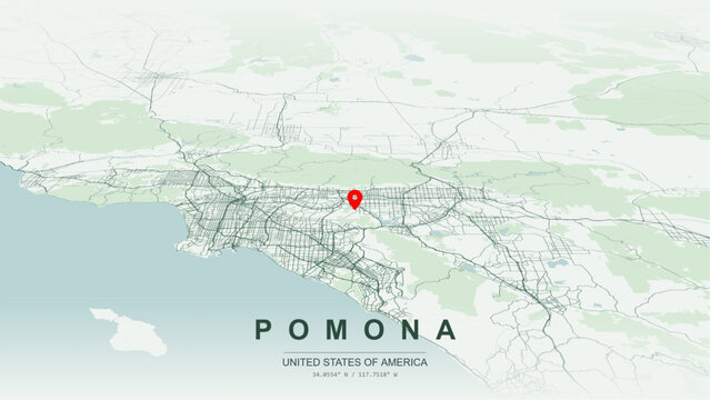Modern minimalist vector map of Pomona, California, USA. High-quality scalable illustration of Pomona Los Angeles County city grid, Interstate 10, State Route 60, SR 57, SR 71 for posters design.