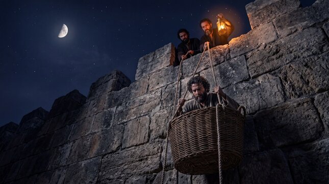 Apostle Paul escaping from Damascus at night being lowered down ancient stone city walls in a woven basket by disciples holding a lit lantern under a crescent moon