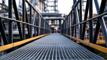 Fototapeta premium A soothing view of a chemical plant walkway bathed in warm sunlight and cool tones creating visual intrigue