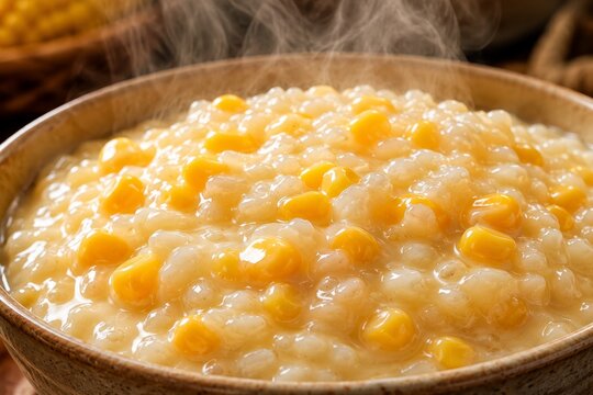 Sweet Vietnamese corn pudding dessert served in a ceramic bowl. Traditional Che Bap made with corn and tapioca pearls. Authentic homemade street food steam snack for healthy diet.