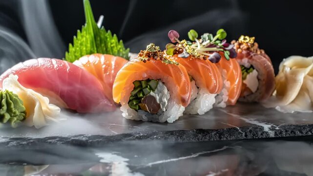 Gourmet sushi assortment with salmon and tuna nigiri, specialty rolls with gold leaf, microgreens, wasabi, and ginger on a black marble surface with dramatic dry ice smoke effect.