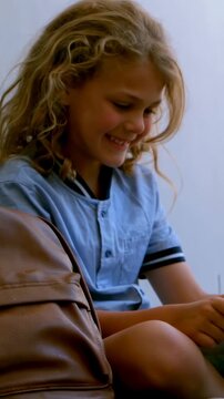 Vertical video: Smiling child in light-blue shirt tapping phone on lap in room, brown backpack left