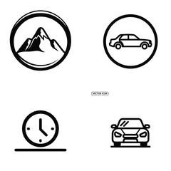Fototapeta premium Black outline vector icons set including mountain landscape side view of a car clock with mountain, landscape