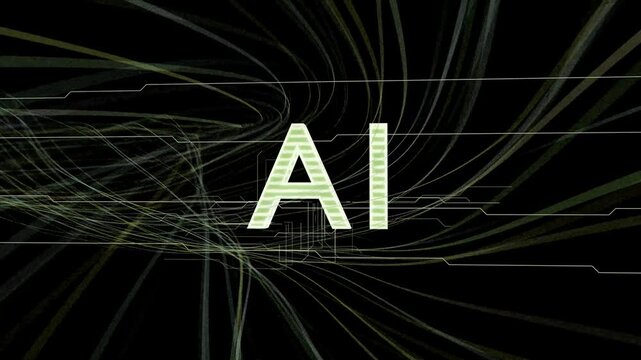 Filaments flowing from left initiating AI letters appearing, growing and forming tech title card