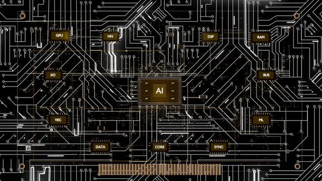 Faint filaments appearing, AI module powering up, sending pulses along traces energizing modules