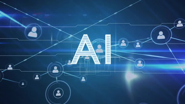 AI label pulsing and scaling while glowing lines sparking nodes linking into dense digital network