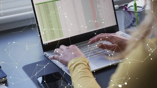 Woman placing hands on keys and typing, network overlay growing while analyzing finance sheet