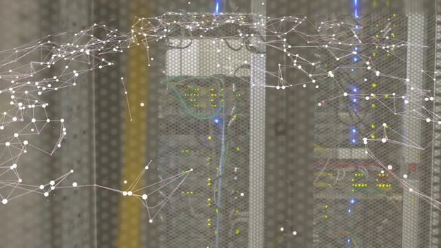 On network event nodes emerging lower-left crossing across top forming over mesh rack showing load