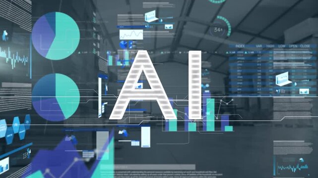 Centered AI appearing and shifting while HUD panels and charts sliding in, visualizing data