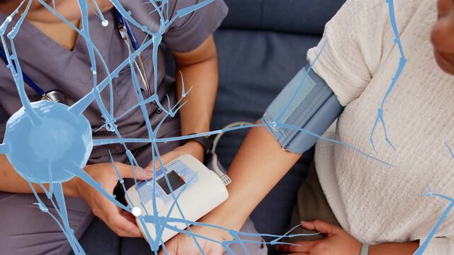 Healthcare caregiver placing cuff and tapping monitor, starting BP check while neuron overlaying