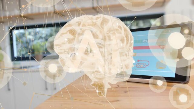Tablet emitting signal 3D brain holo rising above counter, rotating nodes pulsing, showing AI panel
