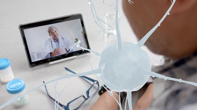 Seated man watching tablet, starting telemedicine consult and growing virus network obscuring view