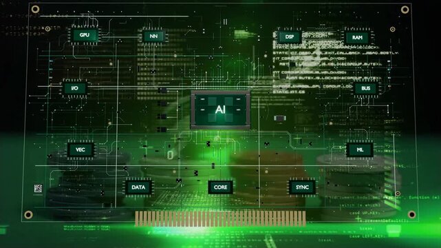 Green glow rising sparking central AI chip appearing, circuits connecting to show connections