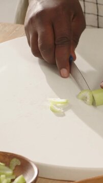 Vertical video: Holding celery, hands cutting for salad on board with blue knife and bowl