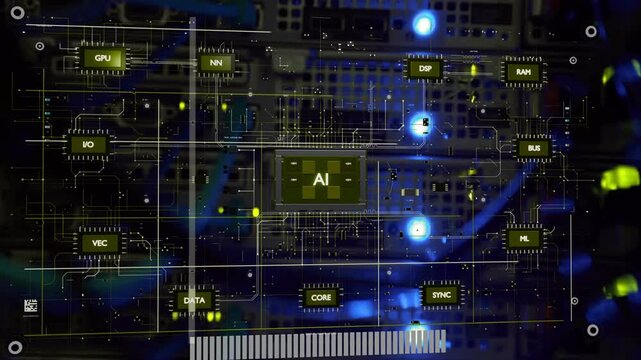 Small green AI graphic appearing, holographic schematic expanding on server rack, showing data flow