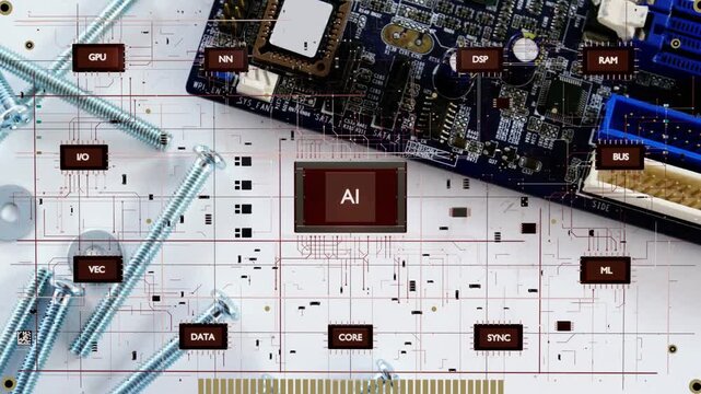 AI block appearing overlay forming tagged tiles linking AI, camera zooming out showing hardware map