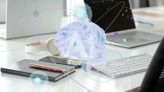 Laptop wake causing AI hologram brain hovering, rotating to center, orbits pulsing to show workflow